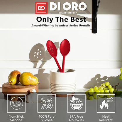 DIORO Silicone Mixing & Serving Spoons - Large Heat-Resistant Non Stick Utensils Big Solid & Slotted Basting & Stirring Spoons - Dishwasher Safe (2pc, Red) - Image 2