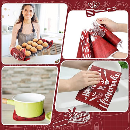 Fourluoo 10 Pcs Farmhouse Kitchen Decor and Accessories Set 4 Kitchen Towels 2 Pot Holders 2 Oven Mitts 2 Rugs for Cooking Baking Mom Housewarming Gifts(Red,Classic Style) - Image 6