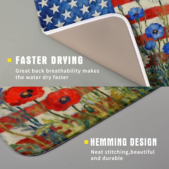 Patriotic American Flag Dish Drying Mat for Kitchen Counter 16x18 4th of July Red Blue White Floral Rustic Absorbent Reversible Microfiber Drying Mats Kitchen Countertop Protector Dishes Drainer Pad - Image 3