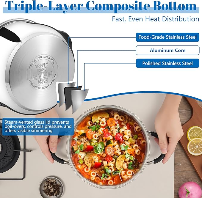 E-far 5Qt Stainless Steel Pot, Stock Pot with Glass Lid for Cooking Pasta Soup Sauce, Tri-Ply Induction Thick Base & Cool-Touch Handles, All Stoves & Dishwasher Safe - Image 3