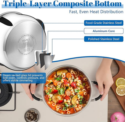 E-far 5Qt Stainless Steel Pot, Stock Pot with Glass Lid for Cooking Pasta Soup Sauce, Tri-Ply Induction Thick Base & Cool-Touch Handles, All Stoves & Dishwasher Safe - Image 3