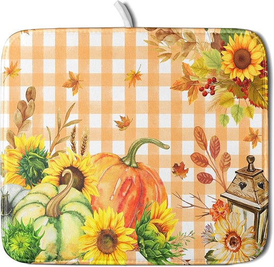 Autumn Maple Leaf Orange White Check Plaids Dish Drying Mat for Kitchen Counter,Fall Sunflower Pumpkin Drying Mat 16 x 18 Inch with Absorbent Reversible Microfiber Dish Drying Pad for Coffee Bar by Anyako