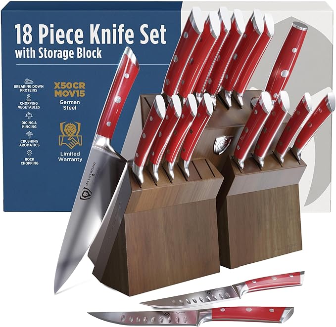 Dalstrong 18-Piece Gladiator Colossal Knife Block Set (Red Handles) — German High-Carbon Steel, Full-Tang, Hand-Sharpened — For Home Chefs, Wedding Registries & Serious Kitchens — Acacia Block, NSF by Dalstrong