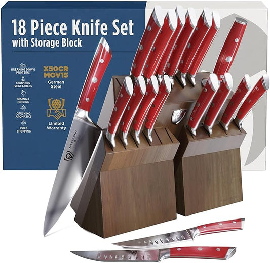 Dalstrong 18-Piece Gladiator Colossal Knife Block Set (Red Handles) — German High-Carbon Steel, Full-Tang, Hand-Sharpened — For Home Chefs, Wedding Registries & Serious Kitchens — Acacia Block, NSF by Dalstrong