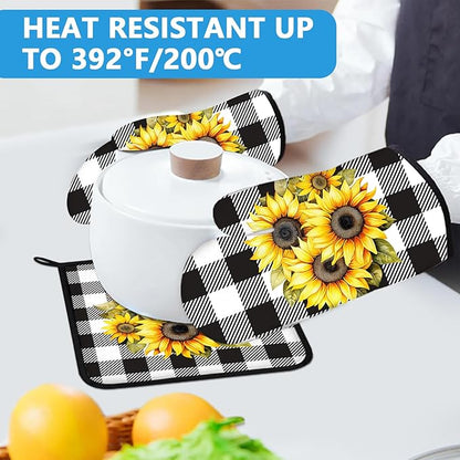 Sunflower Oven Mitts and Pot Holders Sets Heat Resistant 4Pcs Black White Buffalo Plaid Potholders Oven Gloves Hot Pads for Kitchen Baking Cooking Grilling BBQ
