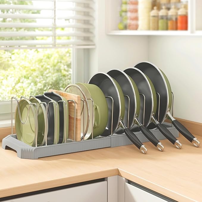 Pots and Pans Organizer for under Cabinet, Pan Pot Organizers inside Cabinet, Expandable Organizer with 12 Adjustable Dividers for Cookie Sheets, Cutting Boards, Pot Lids, Cookware - Pan Rack, Grey - Image 8