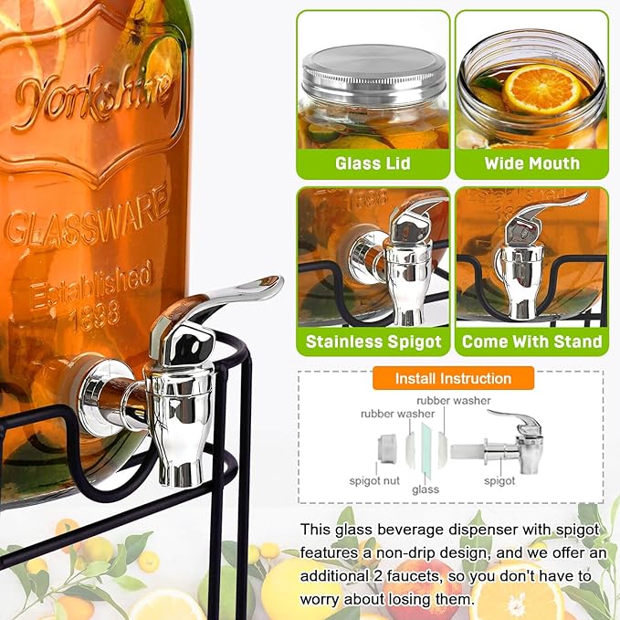 2 Pack 1 Gallon Drink Dispenser with Stainless Steel Spigot, Sun Tea Glass Mason Jar for Outside, Iced Lemonade Beverage Dispenser with Ice Core, Large Water Juice Jug, Punch Dispenser for Parties