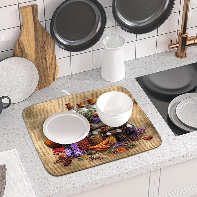 Vintage Kitchen Dish Drying Mat - Spice Bottle Decorative Dish Sink Rack Pad 16 X 18 Inch - Image 6