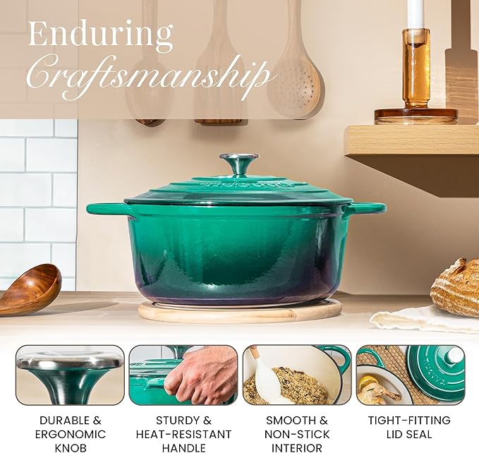 Nuovva Enamelled Cast Iron Dutch Oven Pot with Lid – 6.4 Quart Non Stick Casserole Pot – Heavy Duty & Oven Safe up to 500° F for Bread Baking, Braising, Stews, Roasting – 28cm Dark Green - Image 8