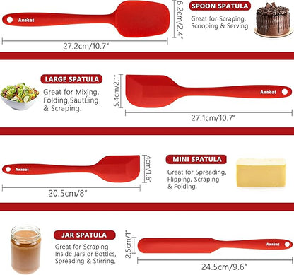 Anaeat 4 Piece Silicone Spatula Set - Seamless One-Pieces Design, Non-Stick Rubber Spatulas Kitchen Scraper for Baking, Cooking, Scraping & Mixing, Heat Resistant & BPA Free & Dishwasher Safe (Red)