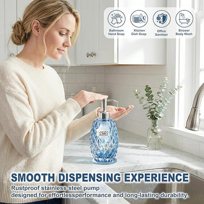 MALACHI Soap Dispenser Set, Crystal-Textured Diamond Glass with Rustproof Stainless Steel Pump, Dual-Labelled Hand & Dish Soap Dispenser for Kitchen & Bathroom