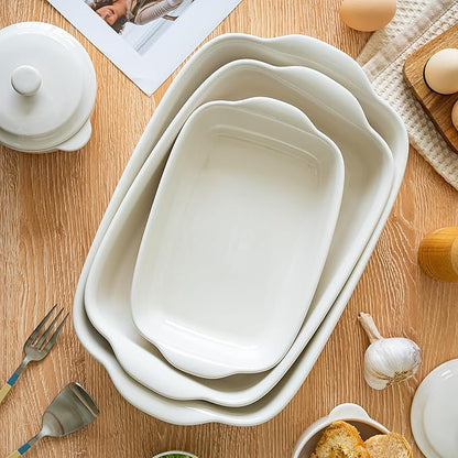 3-Pack Ceramic Baking Dishes Set,Heavy-Duty Oven-Safe Stoneware,Deep Rectangular Casserole Pans for Lasagna & Baking,High Heat Resistant,Handcrafted Glazed Finish (13.8''/12''/9.6'' Pure Off-White) - Image 7