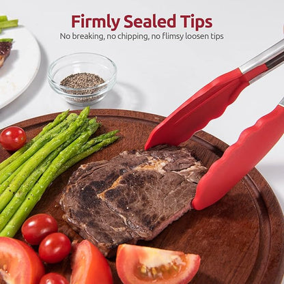 600ºF Heat Resistant Kitchen Tongs: U-Taste 9 inch Silicone Cooking Tong with Firm Sealed Non Stick Rubber Tips & Silicon Coated 18/8 Stainless Steel Handle & Smooth Locking for Serving Salad (Red) - Image 9