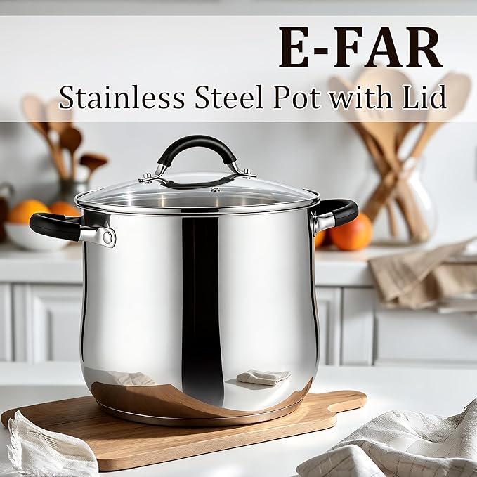 E-far 10 Quart Stock Pot, Stainless Steel Pot for Cooking Soup Simmering Stew, Tall Induction Pot with Visible Lid, Large Pot w/Tri-Ply Base & Dual Heat Proof Handles, Non-Toxic & Dishwasher Safe - Image 7