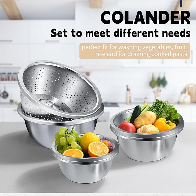 Colander 304 Stainless Steel 3-quart with Mixing Bowls, Strainer for Kitchen Food For washing vegetables, fruit, rice, Dishwasher Safe. (2PC) - Image 3