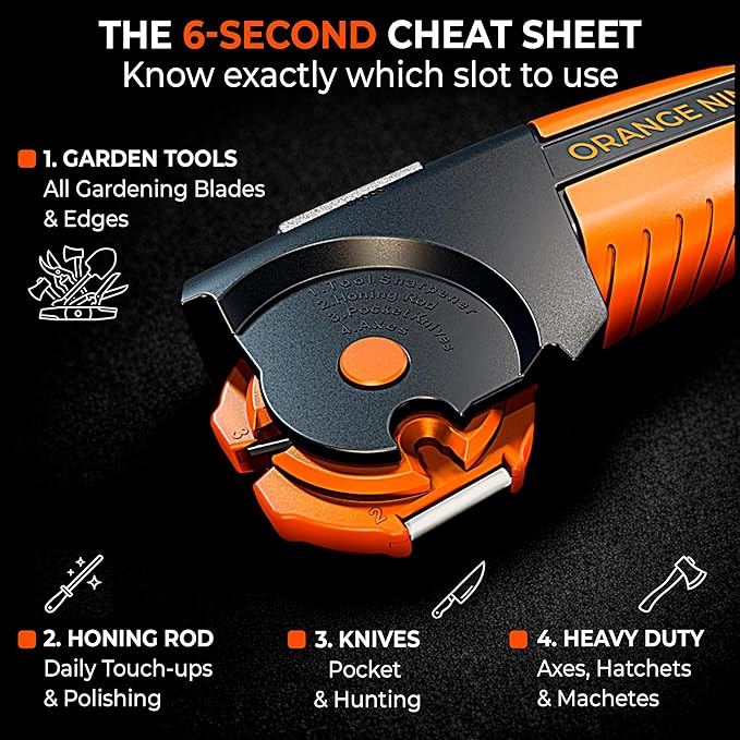 Orange Ninja 7-in-1 Garden Tool & Knife Sharpener – Sharpens Axe, Hatchet, Machete, Pruner & Shears – One Tool for All Your Outdoor Blades – Gift for Gardeners - Image 2