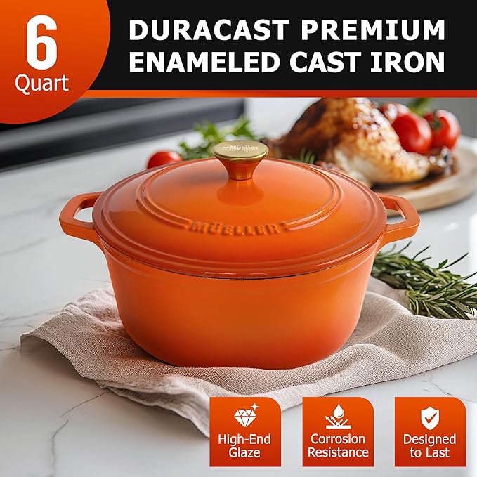 MUELLER HOME 6 Quart Enameled Cast Iron Dutch Oven for Bread Baking, Heavy-Duty Oven-Safe up to 500° F, & Across All Cooktops, House Warming Gifts New Home, Cast Iron Cookware, Gifts for Women, Orange - Image 2