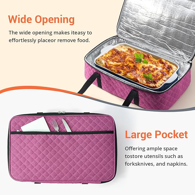 Insulated Casserole Carrier Portable Food Tote for Hot or Cold – Fits 9"x13" Baking Dish, Lasagna Holder for Parties, Picnic, Travel, Beach - Rose Red