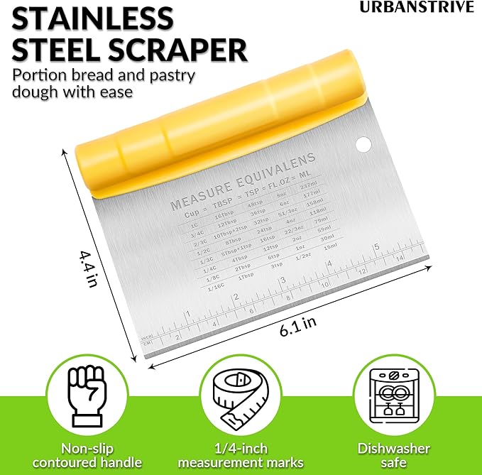 Urbanstrive Bench Scraper for Baking, Stainless Steel Dough Cutter and Scraper Tool Kitchen, Kitchen Scraper Food Scraper Tool Pizza Cutter Food Chopper, Multi-Purpose Kitchen Gadgets, Yellow - Image 2
