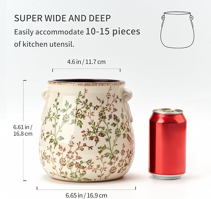 Utensil Holder for Kitchen Counter, Modern Farmhouse Rustic Cooking Utensil Holder and Crock, Exquisite Chinoiserie Floral Ceramic Utensil Organizer for Home Kitchen Decor- Green and Beige - Image 4