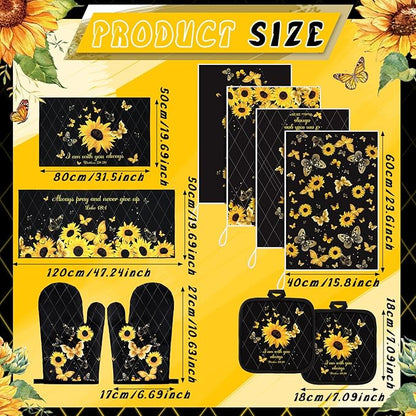 Fourluoo 10 Pcs Sunflower Butterfly Kitchen Dish Towels Rugs Oven Mitts and Pot Holders Set Farmhouse Kitchen Decor Set for Women Mom Daughter Gift Cooking Baking Grilling (Bright Black)