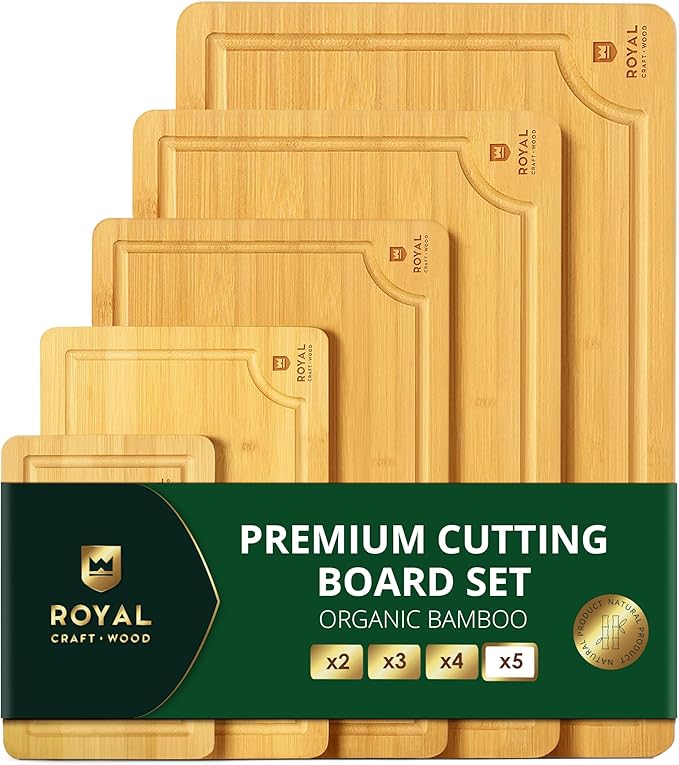 ROYAL CRAFT WOOD Wooden Cutting Boards for Kitchen Meal Prep & Serving - Bamboo Wood Serving Board Set with Deep Juice Groove Side Handles - Charcuterie & Chopping Butcher Block for Meat by RoyalCraftWood