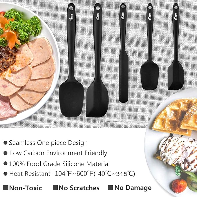 HOTEC 600℉ Heat Resistant BPA-Free Silicone Rubber Spatula Set,Kitchen Cooking Spatulas, Baking, Mixing for Non Stick Cookware, Dishwasher Safe, Black Set of 5 - Image 6