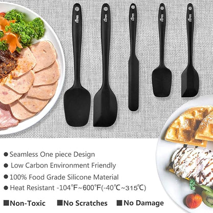 HOTEC 600℉ Heat Resistant BPA-Free Silicone Rubber Spatula Set,Kitchen Cooking Spatulas, Baking, Mixing for Non Stick Cookware, Dishwasher Safe, Black Set of 5 - Image 6
