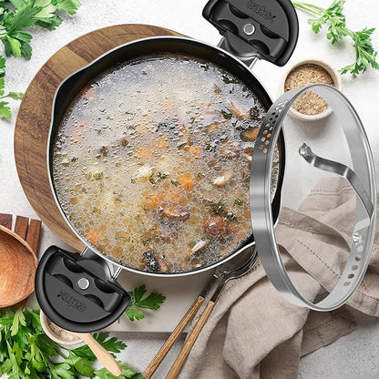 EATEX Pasta Pot with Strainer Lid - 5 Quart Multipurpose Stock Pot, Simmer Spaghetti Pot with Pasta Strainer Lid - Twist & Lock Handles, Nonstick Ceramic Stainless Steel Pot, Tempered Glass Lid Black - Image 9