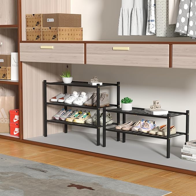 ROMGUAR CRAFT 3 Tier Bamboo Shoe Rack for Closet Free Standing Wood Shoe Shelf Storage Organizer for Entryway Small Space Stackable 27"x11"x20" (Black) - Image 4
