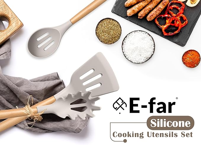 E-far Silicone Kitchen Utensils Set with Holder, 25-Piece Cooking Utensil Set with Wooden Handle for Nonstick Cookware, 446°F Heat Resistant Kitchen Tool Spatula Tong Whisk, Non-toxic & Healthy, Khaki - Image 7