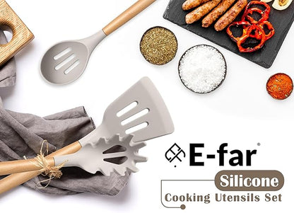 E-far Silicone Kitchen Utensils Set with Holder, 25-Piece Cooking Utensil Set with Wooden Handle for Nonstick Cookware, 446°F Heat Resistant Kitchen Tool Spatula Tong Whisk, Non-toxic & Healthy, Khaki - Image 7