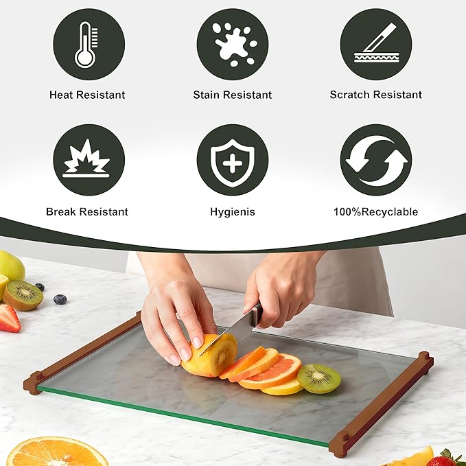 Glass Cutting Boards for Kitchen(12x16" & 12x8"),European Grey Glass Paired with Coffee-Colored Silicone Grip,No Scratches/Microplastic-Free/Non Toxic,Excellent Gift for Mother's Day and Father's Day