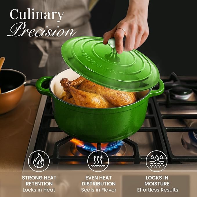 Nuovva Enamelled Cast Iron Dutch Oven Pot with Lid – 6.4 Quart Non Stick Casserole Pot – Heavy Duty & Oven Safe up to 500° F for Bread Baking, Braising, Stews, Roasting – 28cm Green - Image 6
