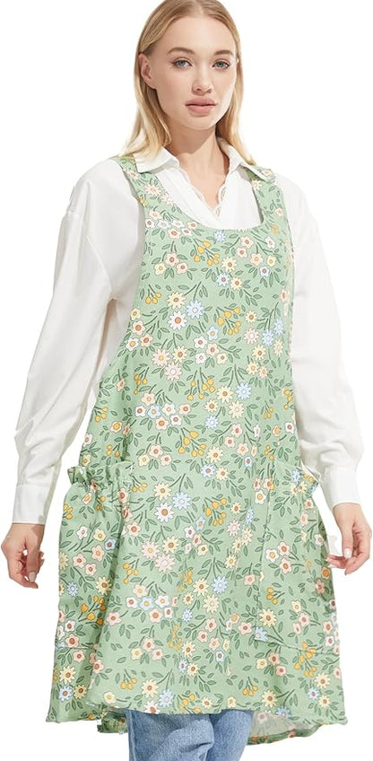 Cozy Adjustable Cross Back Aprons for Women with Pockets Cotton Linen Cooking Kitchen Baking