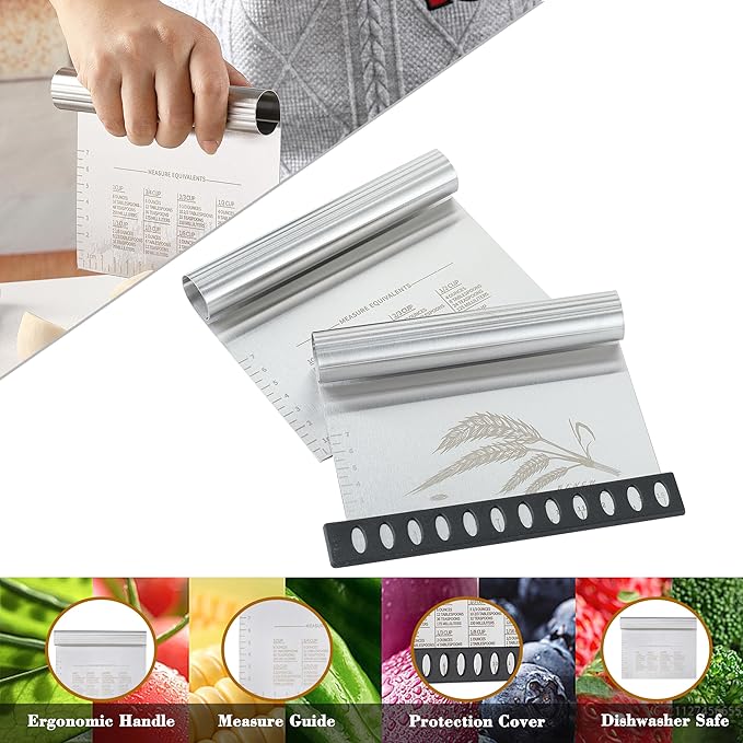 2PCS Dough Pastry Bench Cutter Scraper, OLULU Stainless Steel Kitchen Food Scraper with Protective Cover, Anti-Wear Laser-Engraved Measuring Scale and Ear Of Wheat, Dishwasher Safe (2Pack, 6 inch) - Image 3