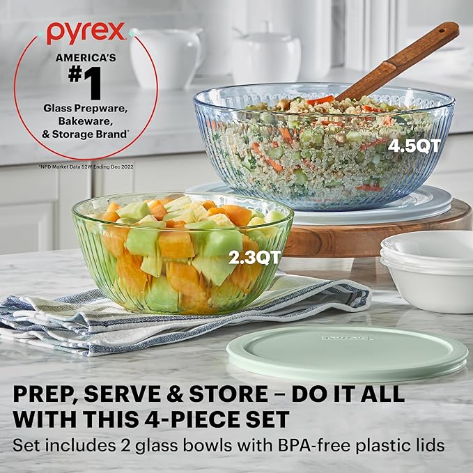 Pyrex Colors (2-Pack) Sculpted Tinted Medium/Large Glass Mixing Bowls With Plastic Lids, Nesting Space Saving Set of Bowls For Prepping and Baking, 2.3QT & 4.5QT - Image 2