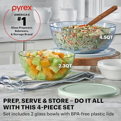 Pyrex Colors (2-Pack) Sculpted Tinted Medium/Large Glass Mixing Bowls With Plastic Lids, Nesting Space Saving Set of Bowls For Prepping and Baking, 2.3QT & 4.5QT - Image 2