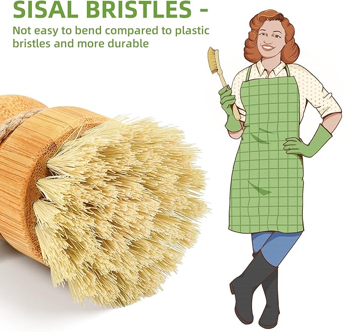 SUBEKYU Bamboo Dish Brush Set with Soap Holder, Wooden Dish Scrubber with Soap Dispenser, Natural Kitchen Scrub Brush, Washing Pot/Pans/Cast Iron, 2 Pack, Sisal Bristles - Image 2