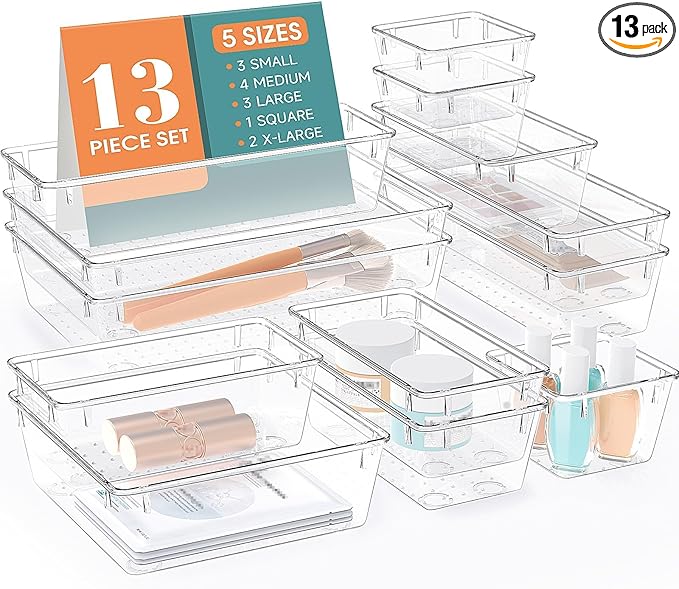 StorMiracle 13 PCS Drawer Organizer Set, 5 Varied Size Bathroom and kitchen Drawer cabinet organizer Trays, Clear Storage Bins for Makeup, Jewelry, Utensils and Gadgets by StorMiracle