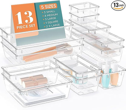 StorMiracle 13 PCS Drawer Organizer Set, 5 Varied Size Bathroom and kitchen Drawer cabinet organizer Trays, Clear Storage Bins for Makeup, Jewelry, Utensils and Gadgets by StorMiracle