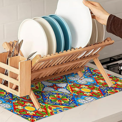 Mexican Tile Dish Drying Mat,Boho Tradicion Drying Rack Pad Countertop Dishes Ultra Absorbent Microfiber Kitchen Counter Mat for Coffee Countertop Decor 18x24 Inch