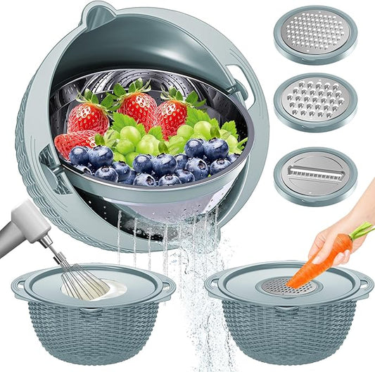 4-1 Colander with Bowl Set - Strainers for Kitchen(Patented), Food Strainers and Colanders, Pasta Strainer with New Upgraded Graters for Fruit, Veggie Washing, Aesthetic Cooking Present - Blue by UTTKOJ