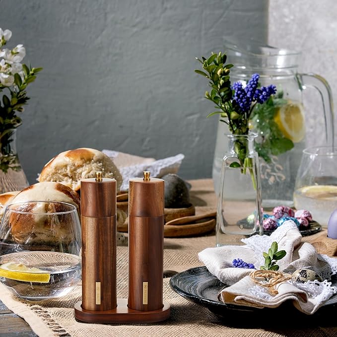 Wooden Salt and Pepper Grinder Set 8 Inch Manual Salt and Pepper Mill with Tray Adjustable Coarseness Refillable Wood Grinders with Gold Bottle Label for Kitchen Christmas Home Gift(Wood Color) - Image 7
