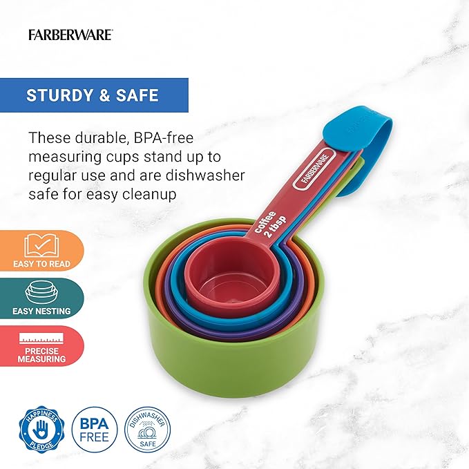 FARBERWARE 5-Piece Measuring Cup Set with Coffee Scoop, Durable Plastic Nesting Measuring Cups with Easy-Read Markings, BPA-Free, Dishwasher Safe - Image 2