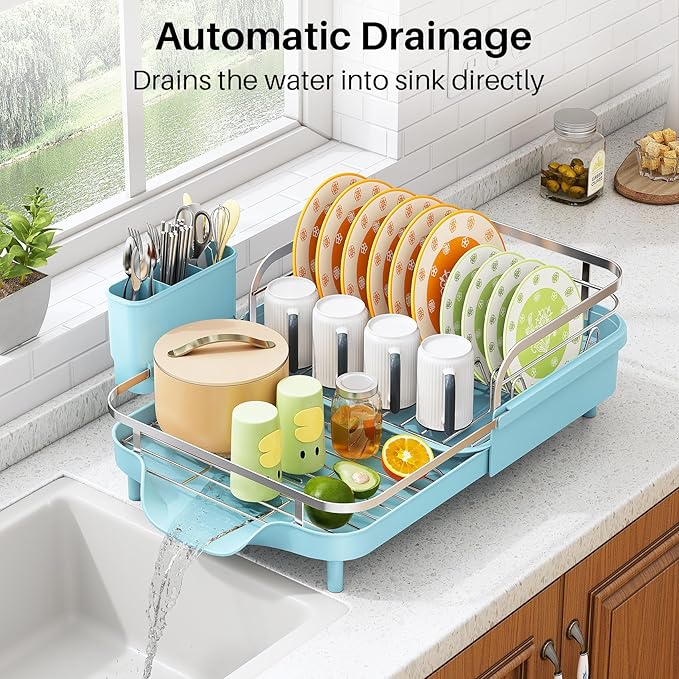 SAYZH Dish Drying Rack - Expandable Dish Rack for Kitchen Counter, Rust-Resistant Dish Drainer with Utensil Holder and Raised Guardrail, Kitchen Organizer for Cup and Bottle (Blue) - Image 5