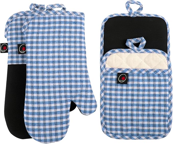 Oven Mitts and Potholders Gloves-Oven Mitts and Pot Holders (Blue Grid) by Firstall