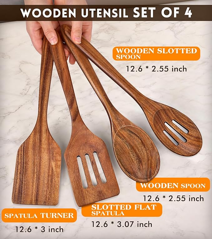 4Pcs Wooden Spatula for Cooking, Acacia Wooden Spatula for Kitchen Use, Nonstick Cookware Safe Utensils Set for Cooking, Mixing, Serving, Draining, Ideal Cooking Utensils Gift - Image 2