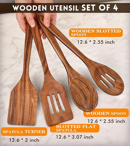 4Pcs Wooden Spatula for Cooking, Acacia Wooden Spatula for Kitchen Use, Nonstick Cookware Safe Utensils Set for Cooking, Mixing, Serving, Draining, Ideal Cooking Utensils Gift - Image 2