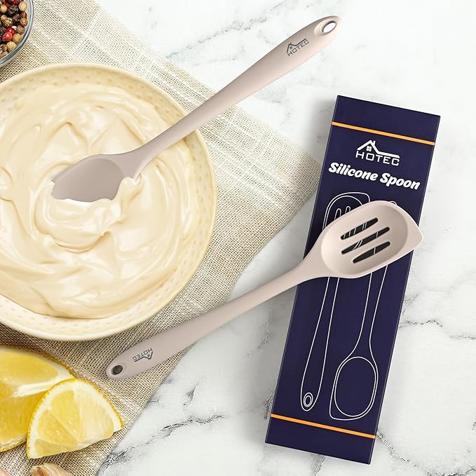 HOTEC Heat Resistant Silicone Cooking Spoon Spatula, Large Kitchen Solid and Slotted Spoons for Mixing, Serving, Scraping, Non-stick, Dishwasher Safe Khaki 12.5inch - Image 6